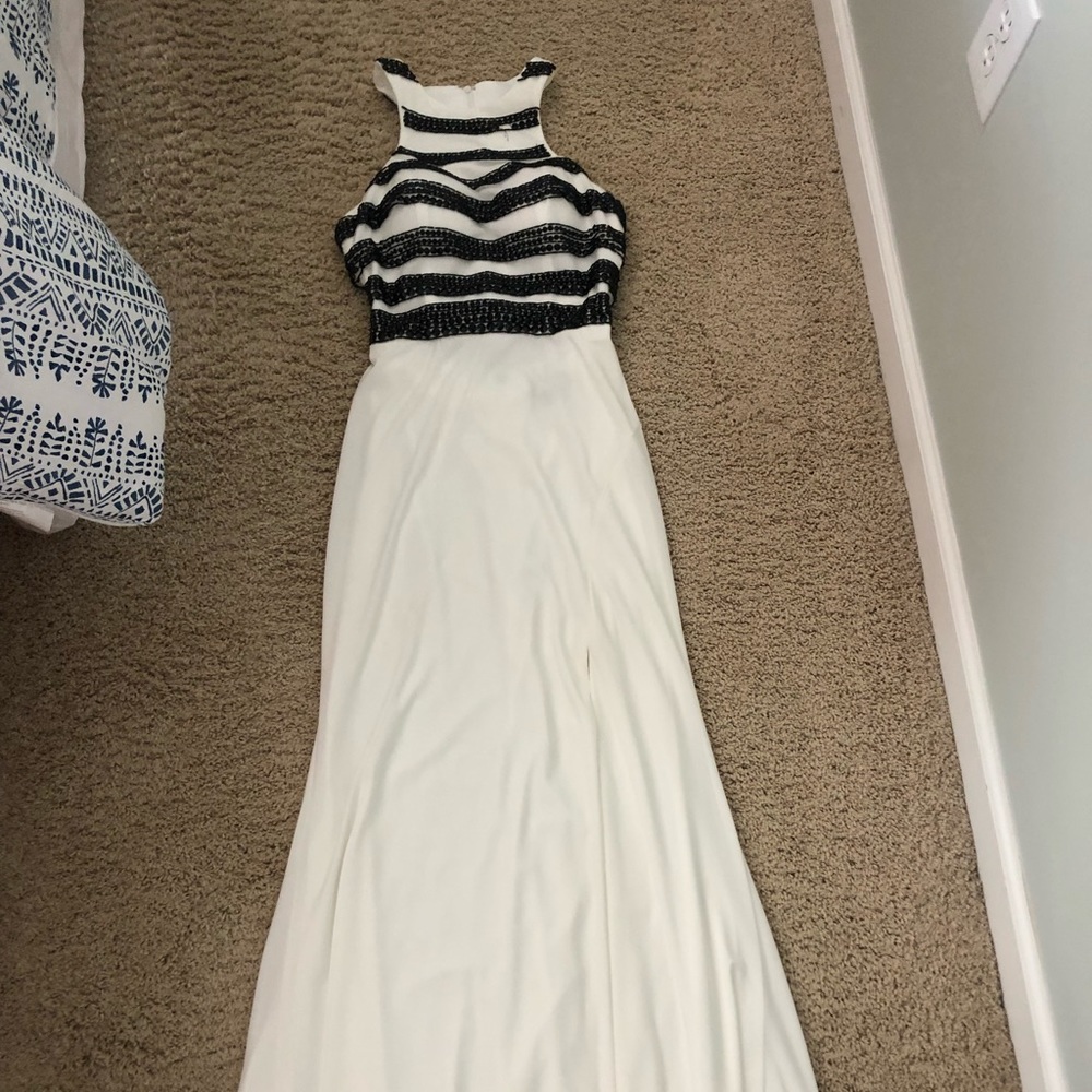 White with black beaded dress